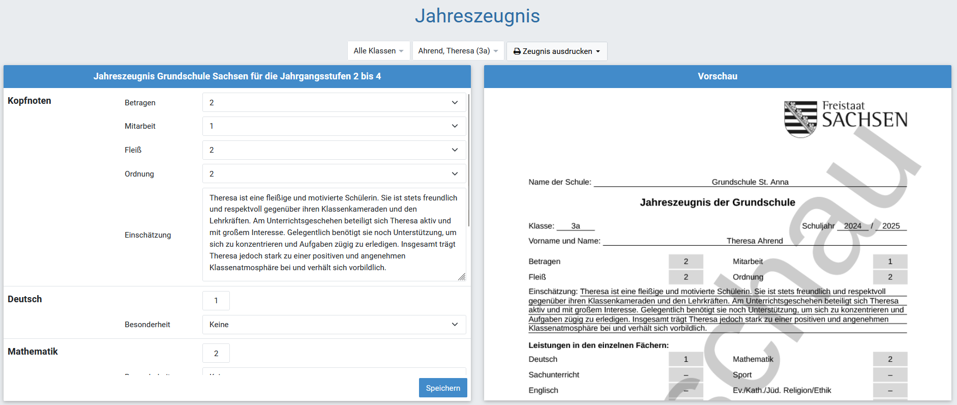 Erstellung eines Jahreszeugnisses für die
  3. Klasse Grundschule in Sachsen