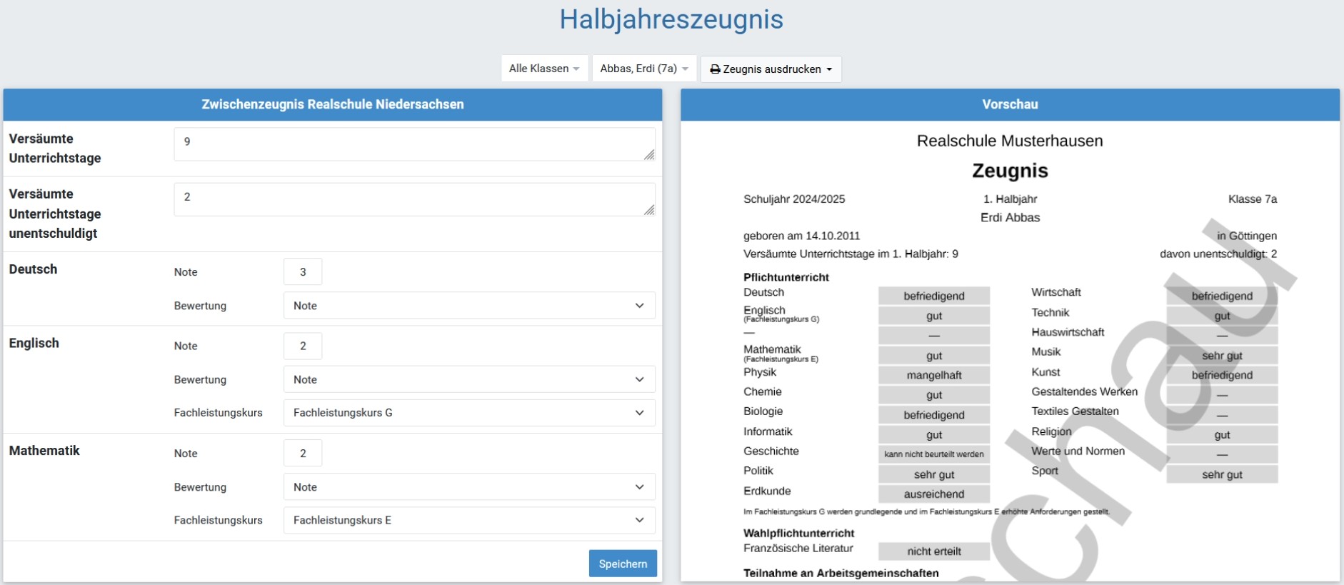 Erstellung eines Zwischenzeugnisses für die 7. Klasse Realschule in Niedersachsen