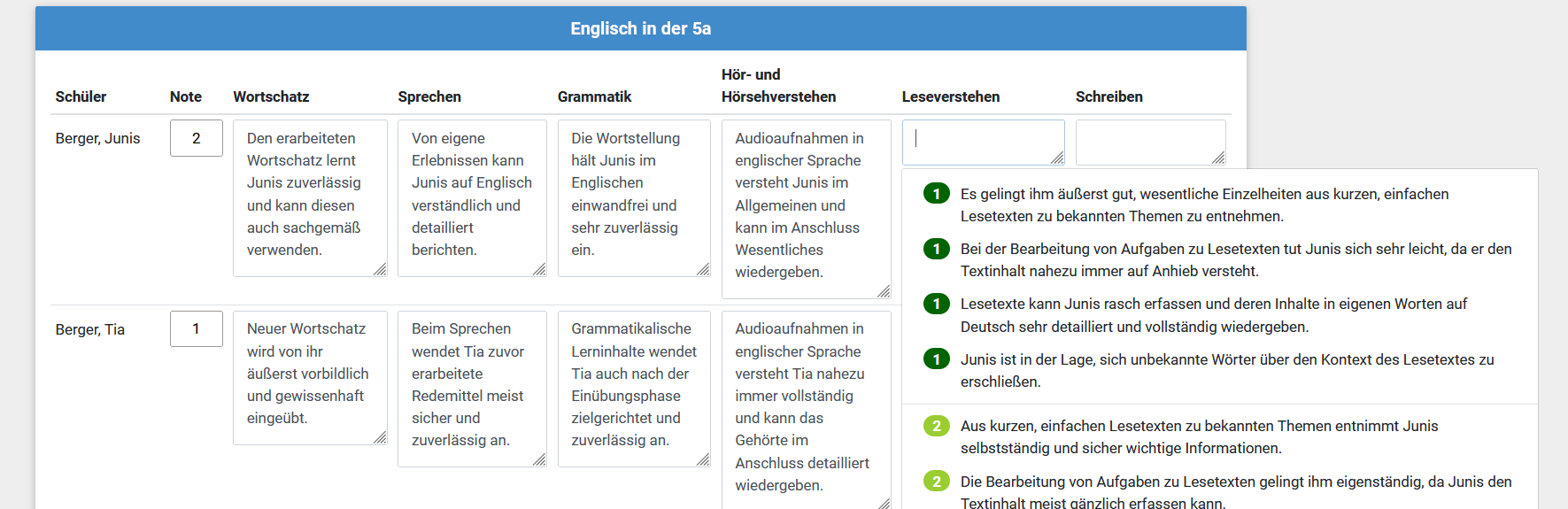 Eingabe von Zeugnisnoten und Bemerkungen durch Fachlehrkräfte