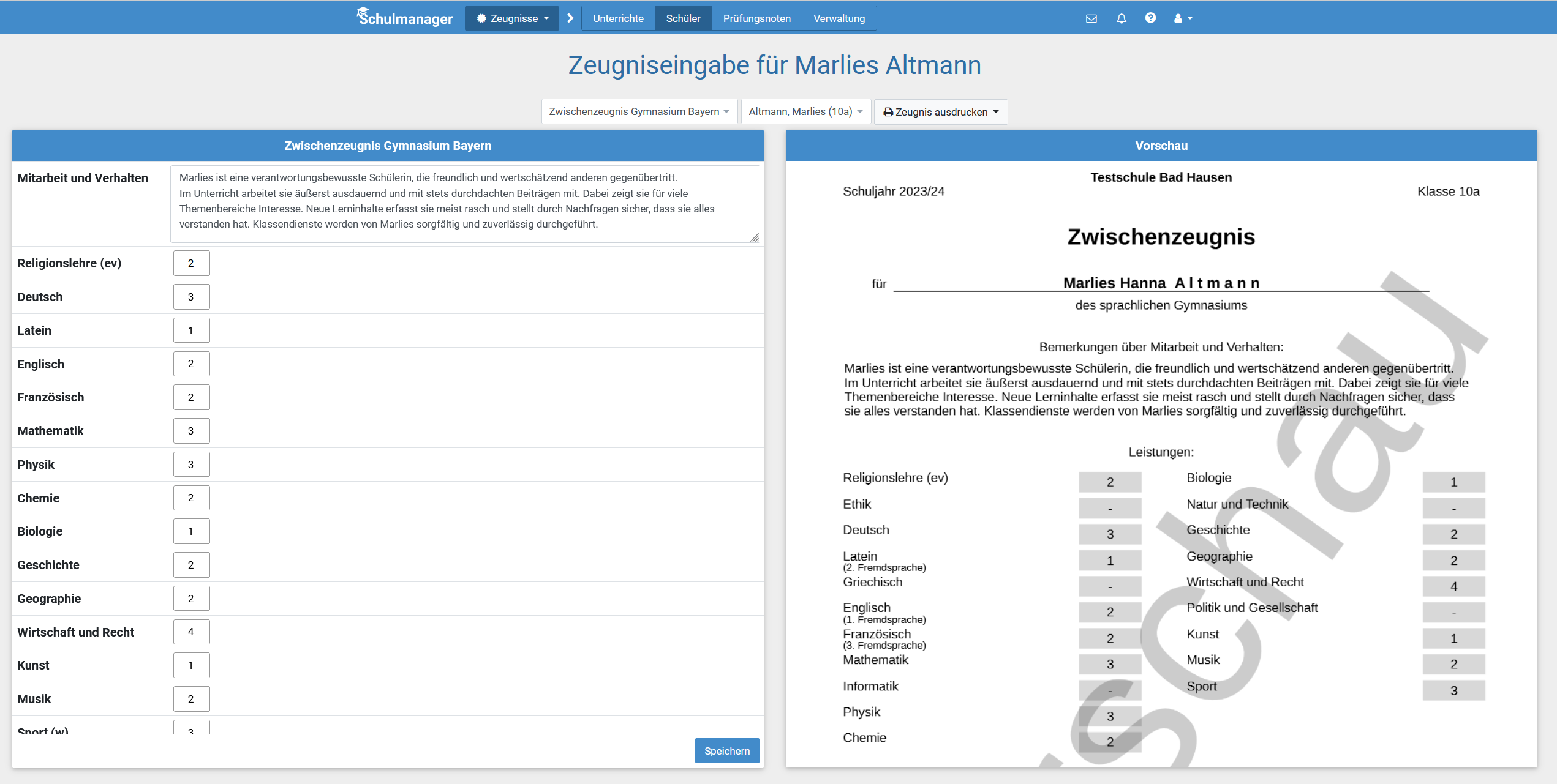 Erstellung eines Zwischenzeugnisses für die 10. Klasse Gymnasium in Bayern